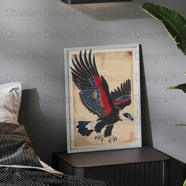 Vintage Japanese Eagle Print, Traditional Woodblock Art Style, Red and Blue Winged Bird, Digital Wall Decor, Asian Inspired Home Artwork
