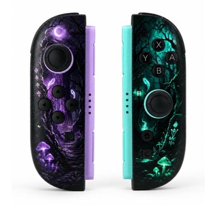 May include: Two game controllers featuring a dark forest graphic with glowing mushrooms and mystical symbols. The left controller has purple accents and a crescent moon, while the right controller has teal accents and a lantern, with black buttons.
