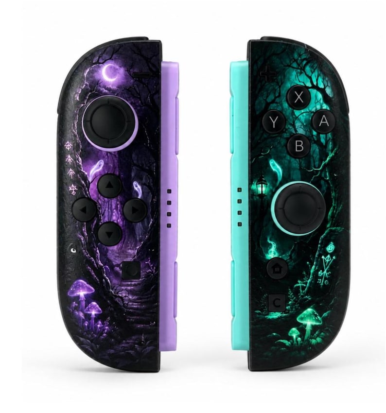 May include: Two game controllers featuring a dark forest graphic with glowing mushrooms and mystical symbols. The left controller has purple accents and a crescent moon, while the right controller has teal accents and a lantern, with black buttons.