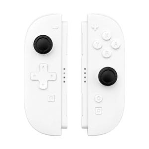 Könnte beinhalten: Ein Paar weiße Videospiel-Controller mit schwarzen Analogsticks. Der linke Controller verfügt über ein Steuerkreuz, eine Minus-Taste und eine Home-Taste. Der rechte Controller enthält A-, B-, X- und Y-Tasten, eine Plus-Taste und eine Home-Symbol-Taste.