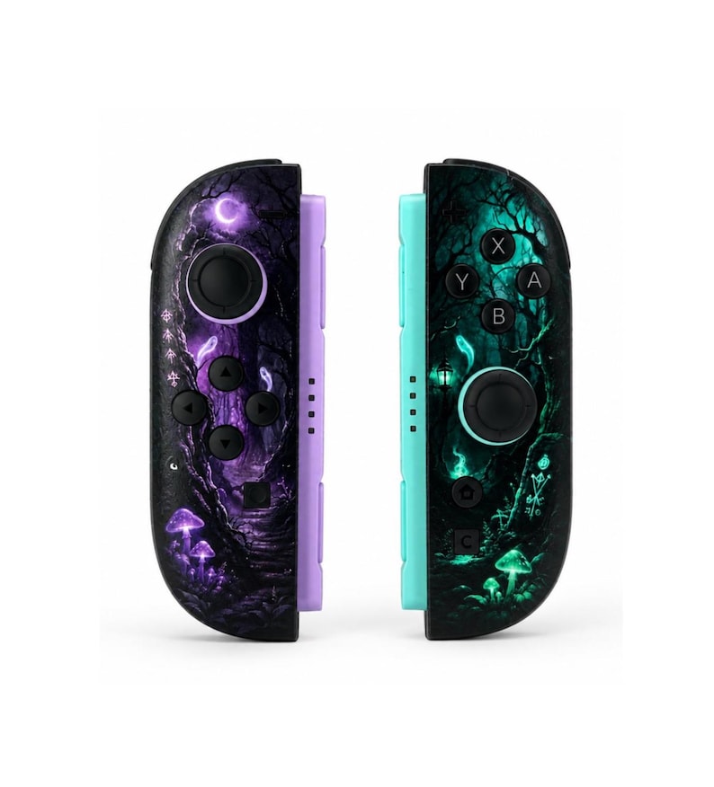 May include: A pair of game controllers featuring a custom skin with a dark forest theme. The left controller has purple accents and a crescent moon, while the right controller has teal accents and buttons labeled A, B, X, and Y with glowing mushrooms.