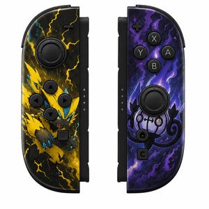 May include: Two game controllers featuring custom graphics. The left controller is yellow and black with a yellow creature illustration and lightning bolts. The right controller is purple and black with a purple lantern character and flame patterns.