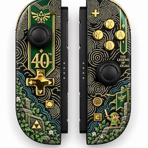 Peut inclure: Une paire de manettes de jeu noires avec des boutons dorés et un motif vert et noir orné de lignes dorées. Les manettes affichent le texte 40th et The Legend of Zelda, ainsi qu'un personnage pixélisé, un symbole Triforce et des fleurs.