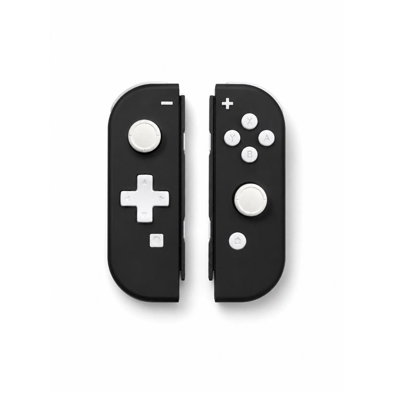 May include: A pair of black video game controllers featuring white buttons, white analog sticks, and white directional pads. The left controller includes a minus button and a square capture button, while the right controller features A, B, X, Y buttons, a plus button, and a home button.