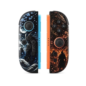 May include: Two game controllers featuring custom graphic skins. The left controller has a blue side rail and a blue-toned scene with a samurai, moon, waves, and cherry blossoms. The right controller has an orange side rail and an orange-toned scene with a dragon, a warrior silhouette, and cherry blossoms.