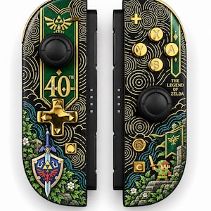 May include: A pair of black game controllers featuring gold accents and The Legend of Zelda 40th anniversary graphics. The design includes a pixelated character, a sword and shield emblem, gold buttons, and intricate circular line patterns in green and gold.