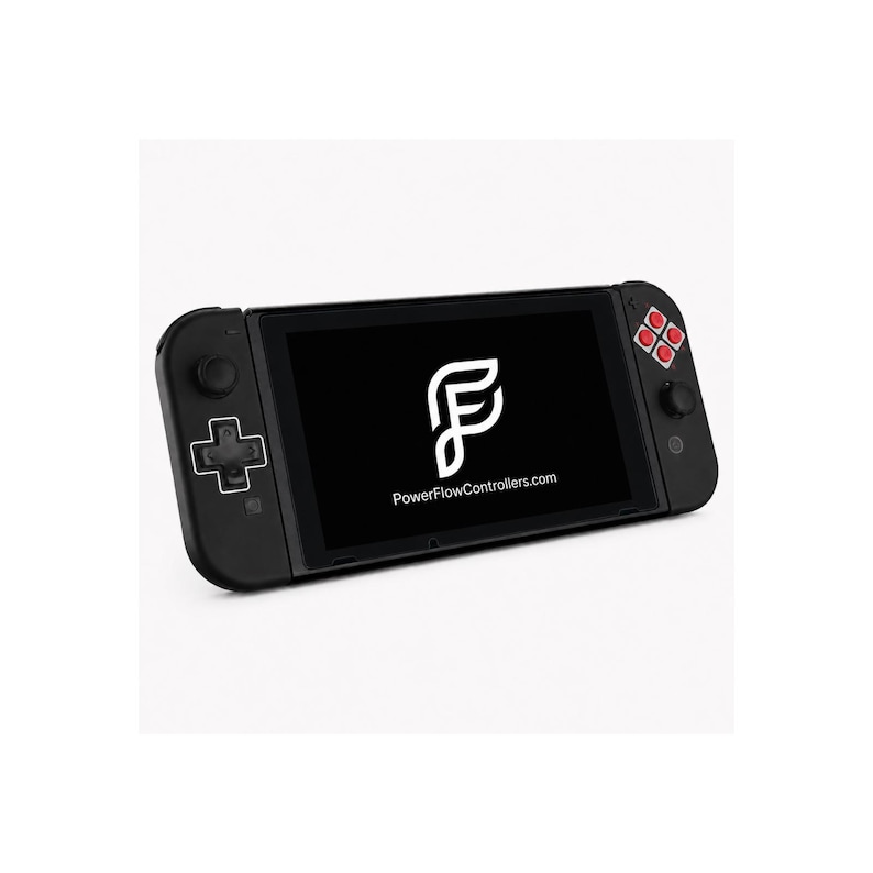 Pode incluir: Console de jogos port&aacute;til preto com tela preta exibindo um logotipo branco e o texto "PowerFlowControllers.com". O console tem bot&otilde;es vermelhos e brancos no lado direito e um direcional no lado esquerdo.