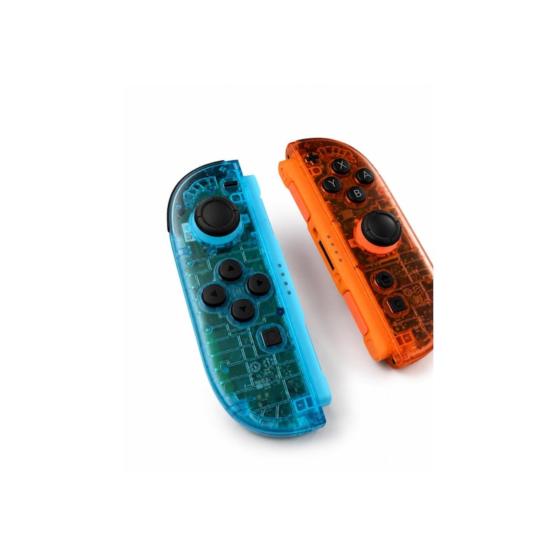 May include: A pair of wireless game controllers featuring a translucent blue shell and a translucent orange shell. Each controller includes a black circular joystick, four directional buttons, and four action buttons labeled A, B, X, and Y.