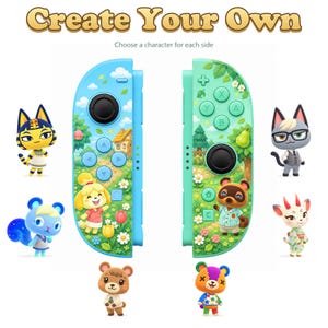 May include: Two game controllers featuring custom graphics with Animal Crossing characters. The left controller is blue with Isabelle, while the right is mint green with Tom Nook. Text at the top reads Create Your Own and Choose a character for each side.