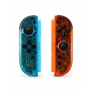 May include: A pair of wireless game controllers featuring a transparent blue shell on the left and a transparent orange shell on the right. Both controllers include black analog sticks, directional buttons, and action buttons labeled A, B, X, and Y.