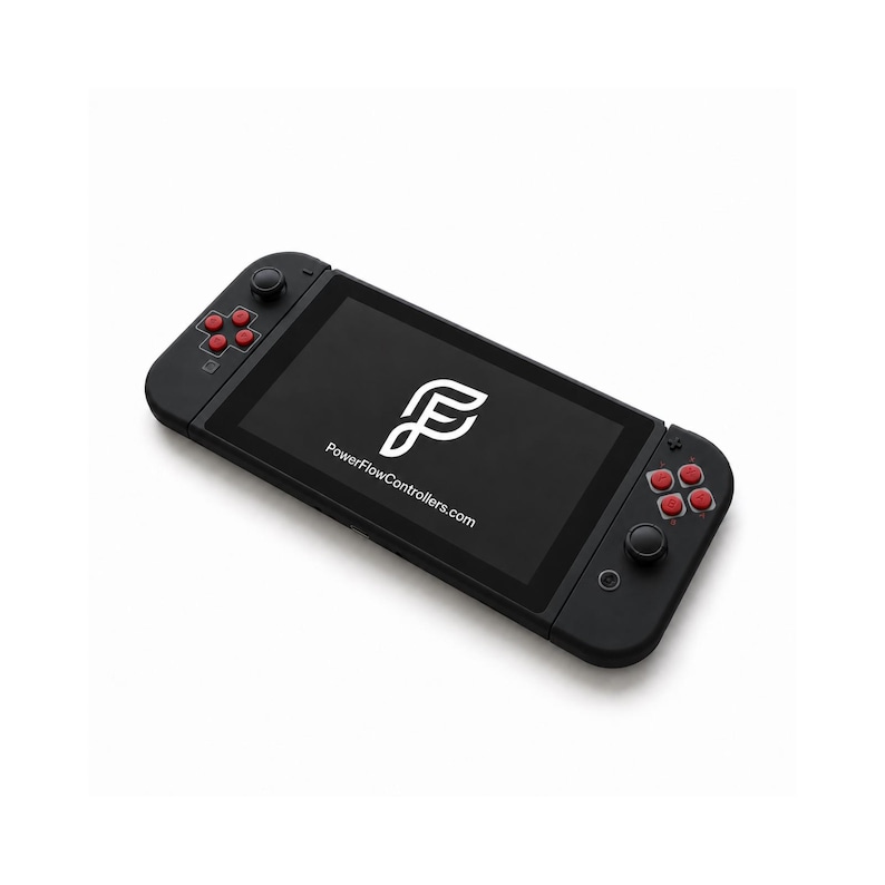 Pode incluir: Consola de jogos port&aacute;til preta com bot&otilde;es vermelhos e um ecr&atilde; preto. O ecr&atilde; exibe um log&oacute;tipo branco e o texto "PowerFlowControllers.com". A consola tem um design elegante e moderno.