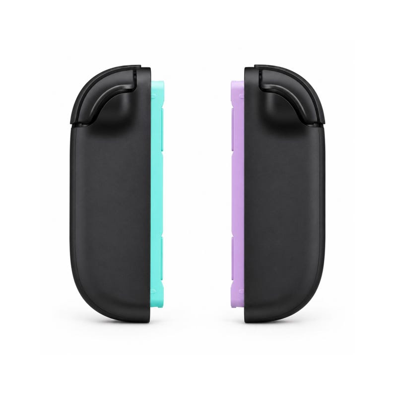 May include: Two black controller strap attachments for a gaming console. The left attachment features a bright turquoise inner rail, while the right attachment features a light lavender inner rail. Both have a curved top and a matte finish.