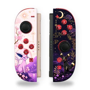 May include: Two game controllers featuring character illustrations. The left controller is light pink with a sun, cherry blossoms, and a purple Espeon character. The right controller is dark purple with a moon, stars, and a black Umbreon character.