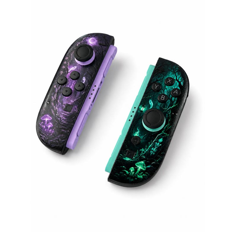 May include: Two game controllers featuring custom skins with dark forest themes. The left controller has purple accents and mushroom graphics, while the right controller features teal accents, glowing green mushroom designs, and black buttons.