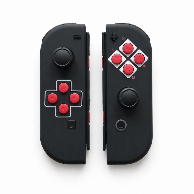 Pode incluir: Controlo de jogo preto com bot&otilde;es e direcional vermelho. O controlo tem um design retro com um joystick circular e um layout de bot&otilde;es quadrados. O controlo foi concebido para jogos.
