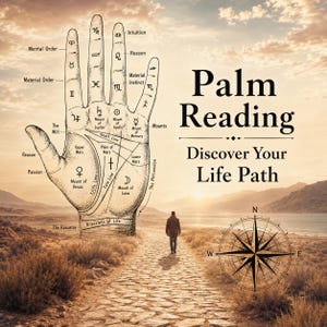 May include: A graphic illustration of a human hand featuring palmistry lines and astrological symbols, labeled with terms like Heart Line and Mount of Venus. The text reads Palm Reading Discover Your Life Path, set against a desert landscape.