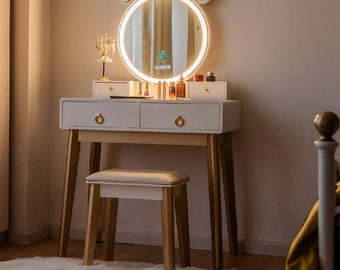 White and Gold Touch Screen Dimming Mirror with Speakers Vanity Dressing Table Set