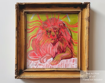 Lejonkonsttryck, original akrylmålning, afrikansk djurkonst (8x8)