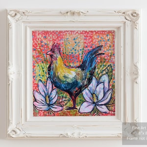 Chicken art print, Magnolia flower, Flower Painting, Hot pink art, Acrylic Painting, Southern art, Wall Decor, Wall Art, Painting of Chicken