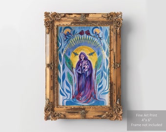 May include: A framed art print of a painting depicting a woman in a purple robe holding a child. The painting is set against a blue and green background with floral motifs and two angels in the upper corners. The print is 4" x 6" and does not include a frame.
