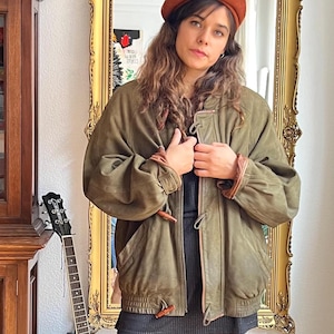 Burberry Vintage Unisex Green Suede Jacket, Size XL. Burberry Bomber for Women Boho Chic. Burberry Jacket Gift for Her.
