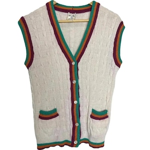 Vintage Hermès white knit vest, size M. Hermès colorful cotton vest. Hermès vest, gift for her.