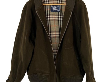 Burberry Vintage Dark Green Wool Harrington Jacket, 90s