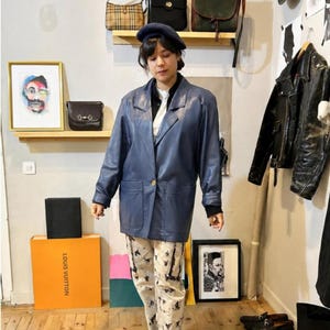 Loewe Vintage Blue Leather Jacket, Loewe Women's Blazer. Size M. Vintage 90s leather jacket. Loewe jacket gift for her.