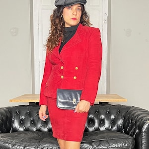 Loewe Vintage red suede suit, size M. Loewe women&#39;s set of jacket and skirt. Loewe gift set for her.