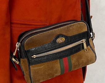 Gucci Ophidia second-hand unisex leather mini bag. Luxury vintage Gucci crossbody bag with long handle. Gucci bag gift for her.