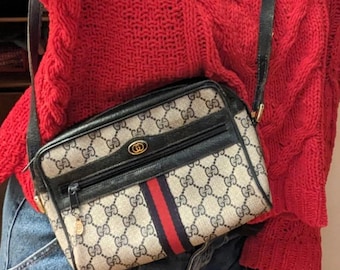 Gucci Ophidia vintage Monogram blue and beige leather bag. Luxury vintage Gucci crossbody bag with long handle. Gucci bag gift for her.