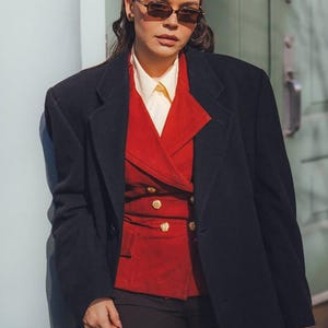Loewe Vintage red suede suit, size M. Loewe women&#39;s set of jacket and skirt. Loewe gift set for her.