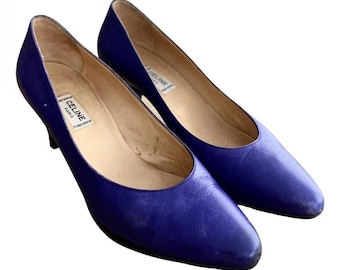 Vintage Céline High Heels, blauviolette Lederschuhe im 90er-Jahre-Stil, Größe 38. Perfektes Geschenk für einen Hochzeitsgast.