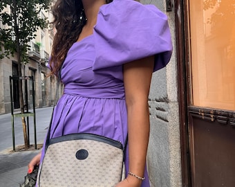 Vintage Gucci Monogram blue and gray leather and canvas bag. Luxury vintage Gucci shoulder bag with long handle. Gucci gift bag for her.