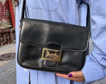 Vintage black leather Celine handbag. Luxury vintage Celine shoulder bag. Vintage Celine clutch with long handle. Celine bag gift for her.