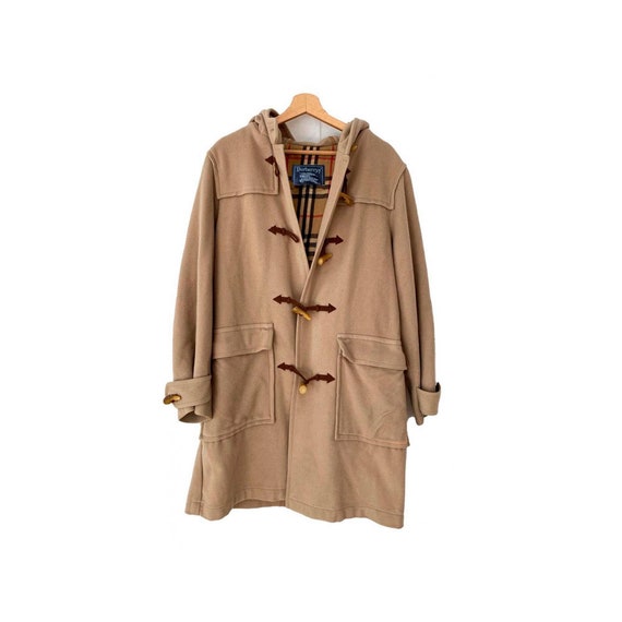 Burberry Vintage Camel Beige Wool Hooded Duffle Coat, Burberry Y2K