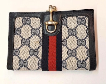 Gucci vintage monogram wallet in beige canvas and navy leather. Luxury Gucci vintage wallet. Small Gucci wallet gift for her.