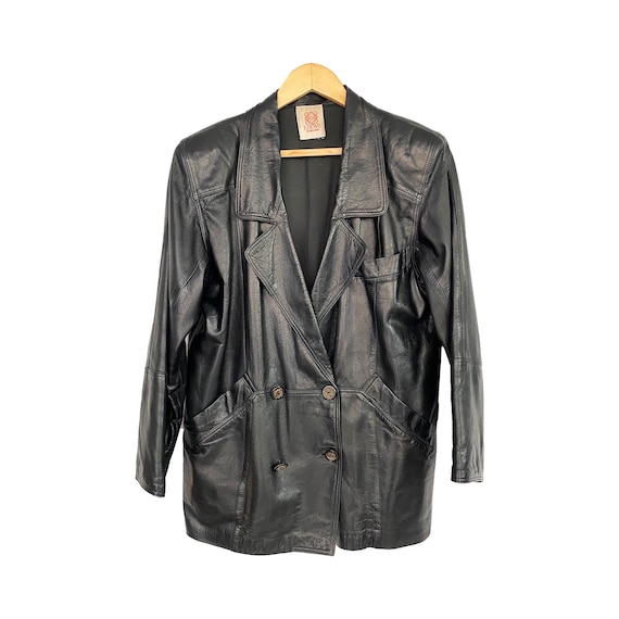Loewe, Chaqueta Loewe Vintage de cuero negra, Blazer Loewe para mujer. Talla L. Chaqueta de cuero vintage años 90s. Chaqueta Loewe regalo para ella