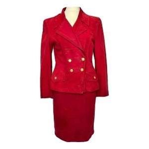 Loewe Vintage red suede suit, size M. Loewe women&#39;s set of jacket and skirt. Loewe gift set for her.