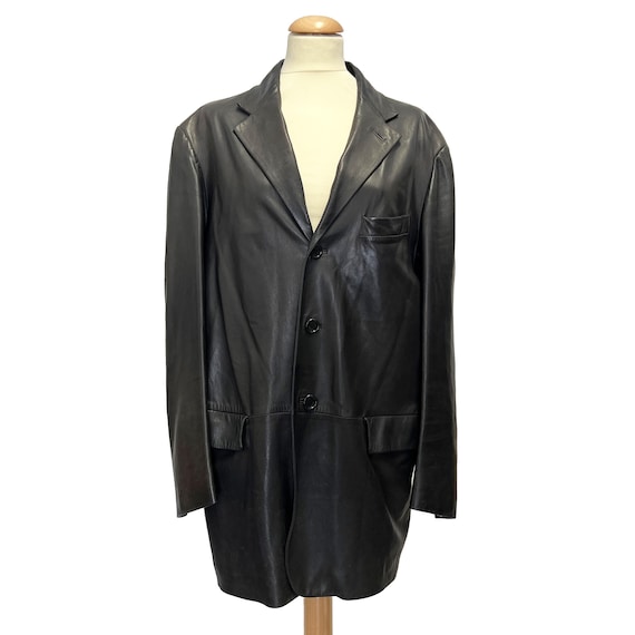 Loewe, Chaqueta Loewe Vintage cuero negra unisex, Blazer Loewe hombre. Talla L. Chaqueta de cuero vintage años 90s. Chaqueta Loewe regalo para ella