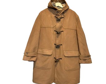 Burberry Vintage Camel Beige Wool Hooded Duffle Coat, Burberry Y2K