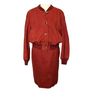 Loewe Vintage red suede suit, size M. Loewe women&#39;s set of jacket and skirt. Loewe gift set for her.