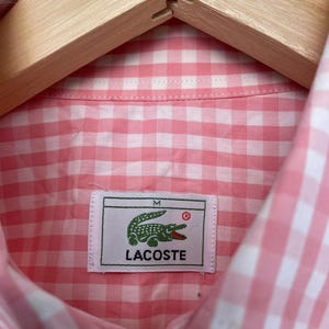 Vintage pink gingham Lacoste shirt for women. Short-sleeved pink Lacoste shirt. Size M. Lacoste shirt gifts for her.