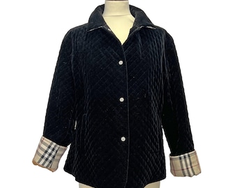Vintage black velvet Burberry jacket. 90s women's semi-padded jacket. Size L. Burberry Gifts for Her.