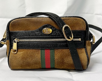 Gucci Ophidia second-hand unisex leather mini bag. Luxury vintage Gucci crossbody bag with long handle. Gucci bag gift for her.