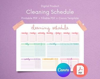 May include: A printable cleaning schedule with a colourful design. The schedule includes sections for daily, weekly, monthly, quarterly, biannual, and annual tasks. The text "cleaning schedule" is written in pink cursive at the top of the page. The words "Canva" and "PDF" are also visible on the page.