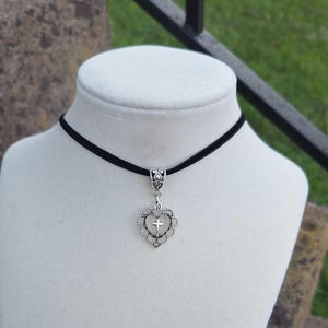 Handmade Black Velvet Cross Heart Choker, Gothic Necklace, Cottage Core Jewelry, Gift For Her