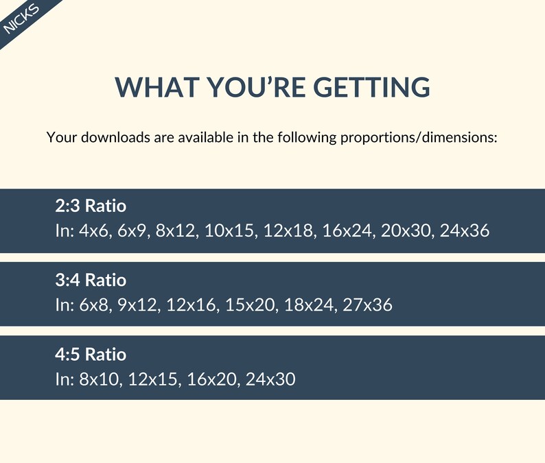 May include: A chart showing different aspect ratios and their corresponding dimensions in inches. The chart is titled "What You're Getting" and includes the following aspect ratios: 2:3, 3:4, and 4:5.