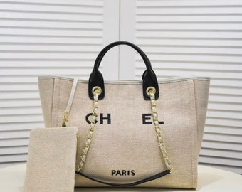 Deauville Tote bag with name logo, beige canvas handbag, tote bag, no box, women’s handbag, travel bag, holiday bag