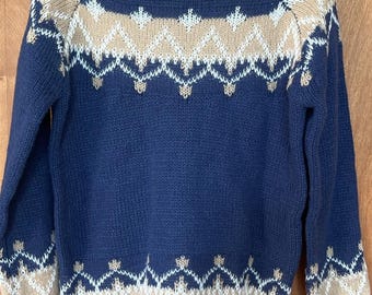 100% Mohair Sweater Blue and Tan Scandinavian Design Size L